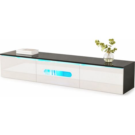Meuble TV LED noir et blanc 180 cm, finition brillant et mat, 3 portes avec charnières amorties, éclairage 16 couleurs Bluetooth, montage mural ou au sol - CHICFURN (1/5)