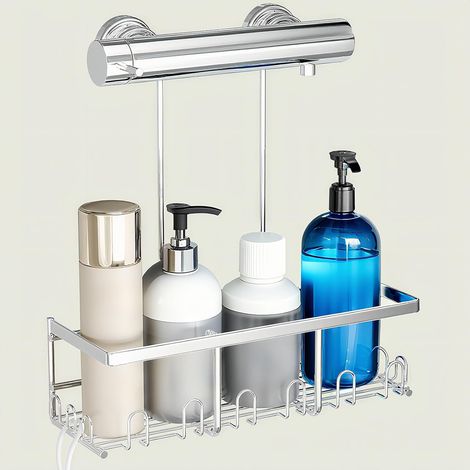 Étagère de douche à suspendre - Étagère de douche sans perçage avec 12 crochets - Support de shampooing pour douche (argenté) (1/5)