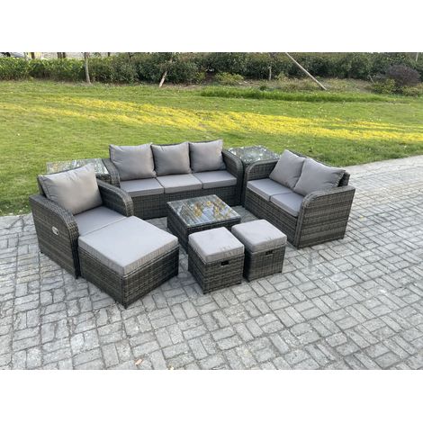 Fimous Rattan-Gartenmöbel 9 Stück Terrassenset mit Tisch und Sofa Quadratischer Couchtisch Liegestühle Loveseat sofa 3-Sitzer Sofa 3 Hockern 2 Beistelltischen (1/5)