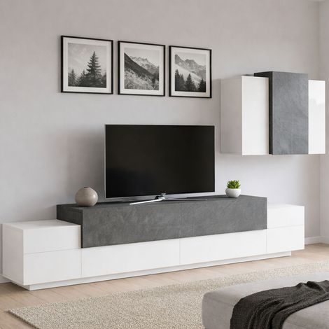 Dmora - Pared Equipada Dmar, Conjunto de salón con soporte TV, Mueble salón polivalente, 100% Made in Italy, cm 240x45h180, Blanco Brillo y Pizarra (1/5)