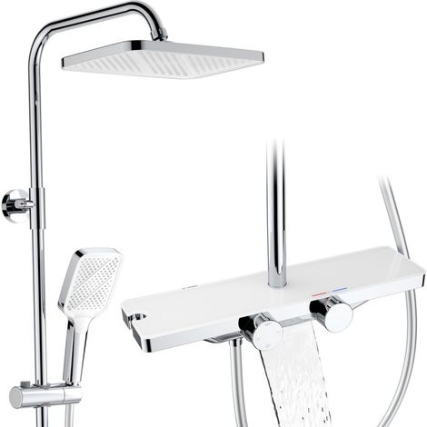 Colonna Doccia Termostatica 38°C – Kit 3 Funzioni con Cascata, Doppio Comando e Ripiano (1/5)
