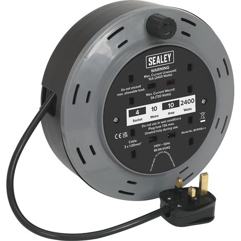 Sealey BCR10B 10m Cassette Type Cable Reel with Thermal Trip 4 x 230V