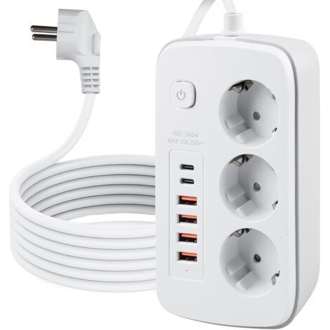 Multiprise escamotable à 3 Compartiments avec 4 Ports USB, Prise de Table avec 2 Ports USB C, Prise encastrable avec Interrupteur, pour Table de Bureau, câble de 2 m, Blanc
