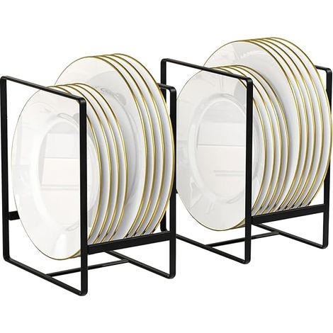 Lot de 2 Grands Porte-Assiettes - Organisateurs d'assiettes - Assiettes Droites - Étagères de séchage - Distributeur de plaques pour armoires de Cuisine et Plan de Travail (Noir) (1/5)