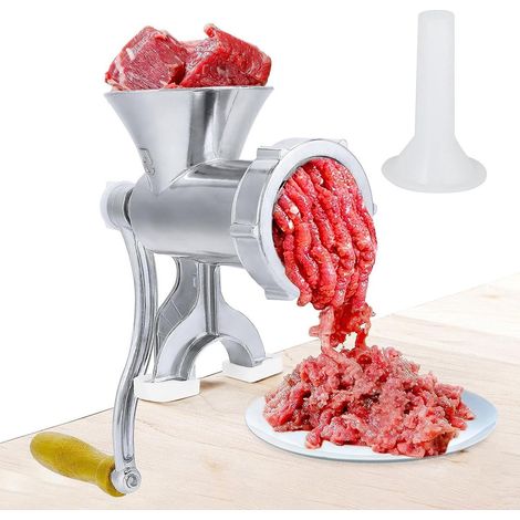 Hachoir à viande manuel, poussoir à saucisses, à manivelle, en acier inoxydable, pour la préparation de bœuf, poulet et chili. Compatible lave-vaisselle. (1/5)