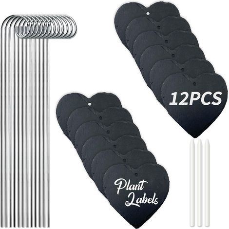 Lot de 12 Étiquettes Plantes Ardoise en Forme de Cœur avec Tige Métal, Imperméables Extérieur, Marqueurs Jardin Réutilisables avec Stylo Craie pour Herbes, Potager et Fleurs (1/5)