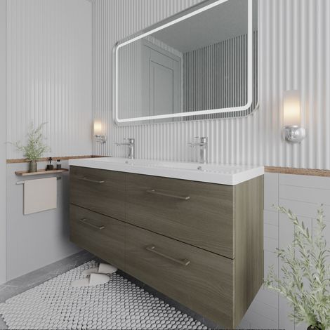 Nuie Arno Solace Oak Woodgrain 1200mm Wall Hung 4 Drawer Vanity Unit and Double Polymarble Basins - ARN2524C (1/5)