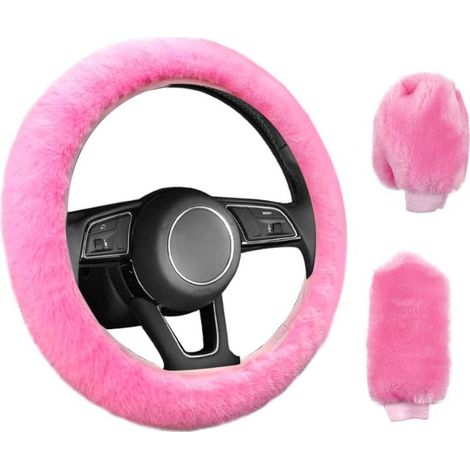 Funda elástica antideslizante de 3 piezas para volante de coche, funda universal de felpa rosa para volante de coche con funda para freno de mano y palanca de cambios (38 cm) (1/5)