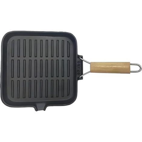 1 Poêle pliable en fonte, poignée en bois, cuisson polyvalente, design rayé, pour camping et cuisine (1/4)