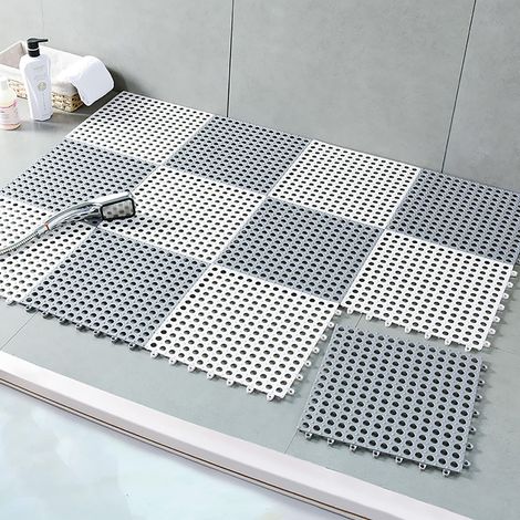 Lot de 10 Dalles de sol de emboîtables, Tapis de bain antidérapant en assembler de forme carrée 3030cm avec trous de drainage (gris et blanc) (1/5)
