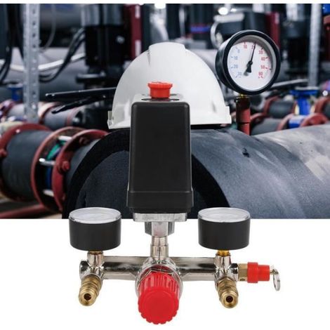Pressostat - Régulateur De Pression Contact NC - Pour Compresseur D'air - Plage 5 À 8 Bar - Avec 2 Manomètres Et Support Métallique (1/4)