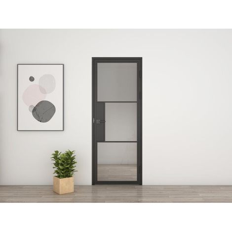 Porte verrière intérieure 93 x 231 cm, bloc porte Loft, verre transparent, style atelier 2 rayures, ouverture tirant droite avec serrure