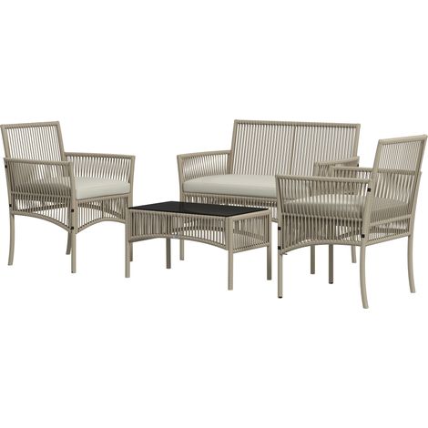 Canapé 2 places salon de jardin 4 pièces plateau verre trempé 2 fauteuils table basse