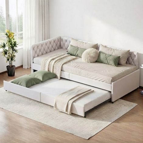 Canapé convertible 2 places en velours, lit gigogne capitonné 90/180x200 cm, Canapé clic clac avec cadre métallique, sommier à lattes, Canapé 2-en-1 pour chambre ou salon, Beige