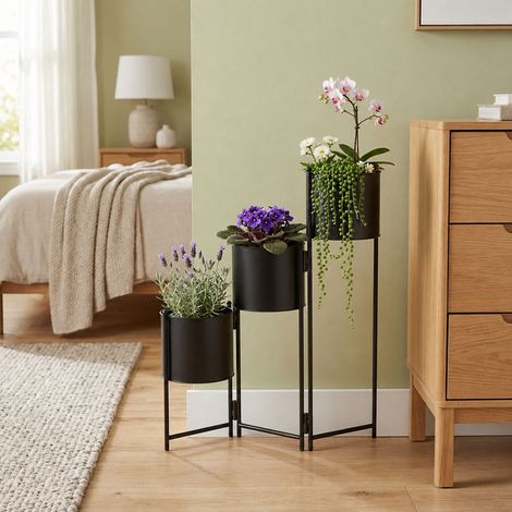 Pflanzenständer Blumentopfhalter 3 Behälter Wohnraumdeko Accessoire, Pflanzenbehälter modern, Eisen schwarz, rund, LxBxH 51x18x64 cm (1/5)