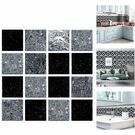 Stickers muraux pour carrelage de salle de bain et cuisine, noirs, 10x10cm, 20 pièces, stickers muraux imperméables. (1/5)
