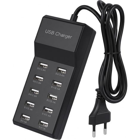 Chargeur USB Multiple 10 Ports 50W – Station de Charge USB Multi Appareils, Hub USB avec Adaptateur Secteur, Multi Chargeur USB pour Tablette, Noir (1/5)