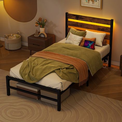 Cadre de lit 90x200 cm avec tête de lit, station de charge USB intégrée, éclairage LED, structure en acier robuste, espace de rangement sous le lit, pas besoin de sommier, silencieux, montage facile