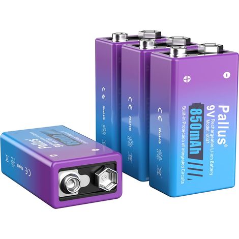 Lot de 4 batteries rechargeables au lithium 9 V Block 1300 cycles et 850 mAh haute capacité pour détecteur de fumée, multimètre, guitare et microphone (1/5)