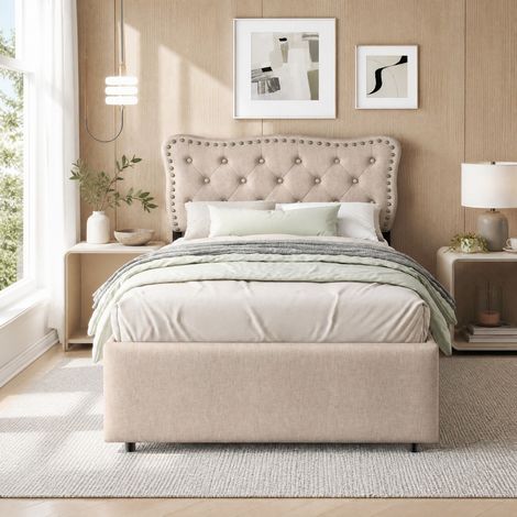 Bett 90x200 cm dunkelbeige aus Leinen und MDF mit verstellbarem Kopfteil, Ziernägeln und 2 Schubladen (1/5)