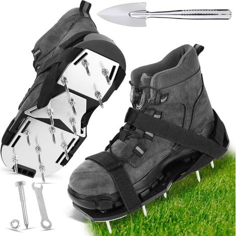 Sandales Aérateur de Pelouse, Semelle en Alliage d'Aluminium, 1 Paire 45mm Aérateur de Pelouse, Sangles Réglables, Outil de Jardin pour Terrasse et Jardin avec Petite Pelle et 26 Clous et Clé (1/5)