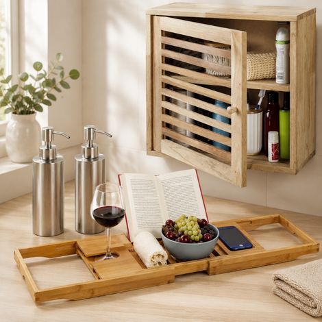 Badezimmer-Set aus Walnussholz (3-teilig) – Schmaler Wandschrank, Badewannenablage aus Bambus und Seifenspender-Set (1/5)