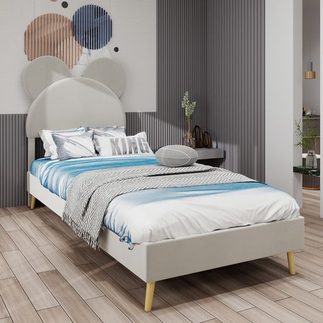 Letto per bambini/adulti 90x200 cm, letto singolo, testiera a cartoni animati, rete a doghe imbottita, materasso non incluso, MDF, beige (1/5)
