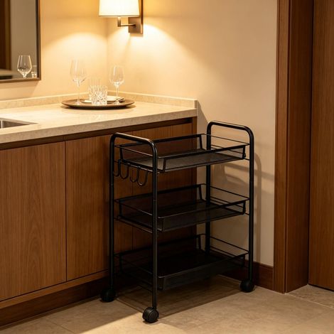 Chariot roulant 3 étages avec paniers grillagés et crochets, meuble de stockage design, étagère mobile polyvalente pour cuisine, support à roulettes élégant (unité de rangement seule) (1/5)