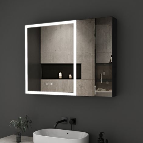 80x60cm Spiegelschrank Bad mit Beleuchtung LED Spiegelschrank mit Beleuchtung Badspiegel Schwarz mit Beleuchtung Medizin Kabinett Hängeschränke mit 3 Einstellbare Lichtfarben, Beschlagfrei, Schwarz