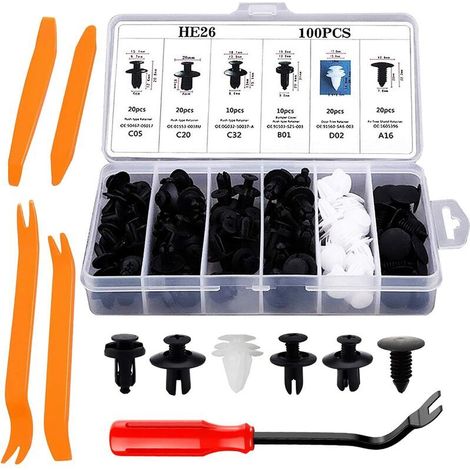 royaluxe -Clips Voiture 100 Pièces Rivet Clips Plastique Fixation Noir Universel pour Auto Voitures Panneaux Garnitures de portières avec Boîtier de Rangement et Outil Démontage Installation (1/5)