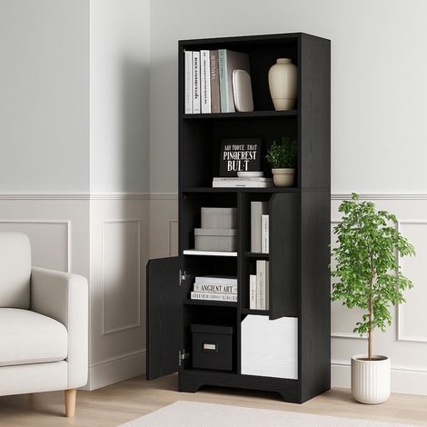 Libreria contenitore in truciolare nero 60x35x160 cm con 2 vani aperti e armadietto con anta (1/5)