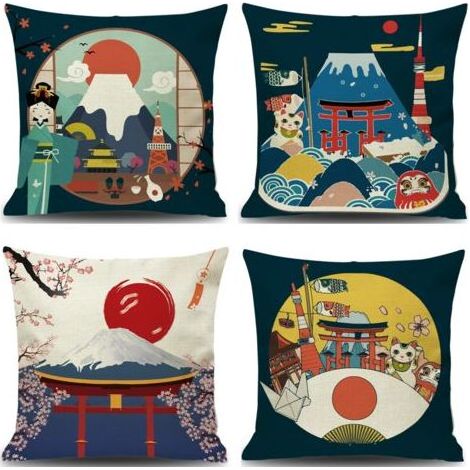 Fuji Ukiyo-e Kissenbezug im japanischen Stil für Sofa, Auto, Zuhause und Bett, 45 x 45 cm, 4er-Set (Japanischer Stil B), Leinenkissenbezug im japanischen Ukiyo-e-Stil (1/5)