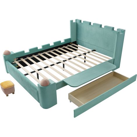 Letto matrimoniale per bambini 140x200 cm blu-verde in velluto francese con contenitore MODENUIT (1/5)