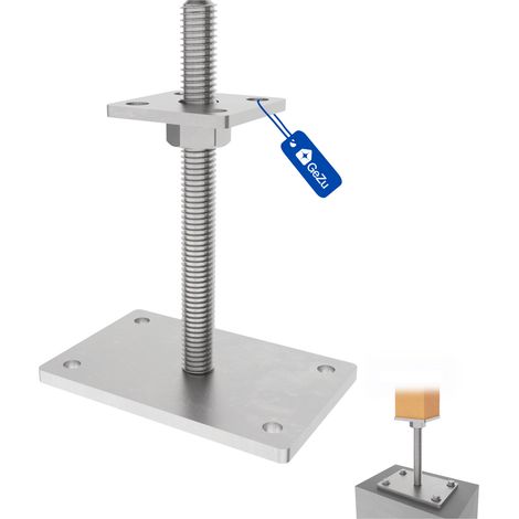 Pied de poteau carré réglable galvanisé à chaud 100 x 100 mm – hauteur ajustable 50 à 230 mm avec platine bois pour clôtures – GeZu Impex (1/5)