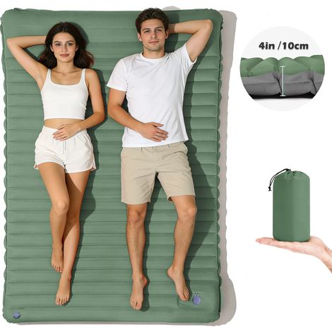 (Vert) Tapis gonflable double couche de 4 pouces d'épaisseur, gonflage rapide, portable, adapté à la randonnée. (1/5)