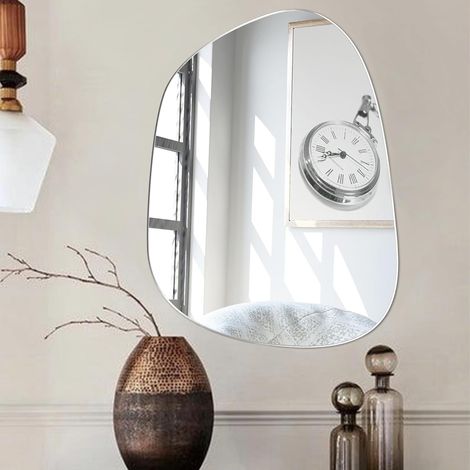1 Miroir Asymétrique Auto-adhésif, Verre Sans Cadre Bord Lisse, Décoration Murale Salon Salle De Bain (1/5)