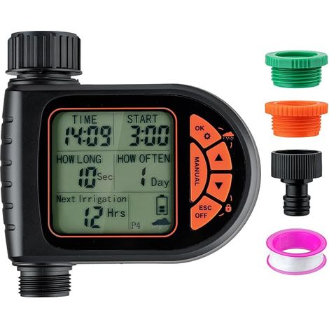 Temporizador de riego automático Mcbazel, resistente al agua IP65 con función de retardo por lluvia y pantalla LCD grande, ideal para jardín, granja, césped y flores. (1/5)