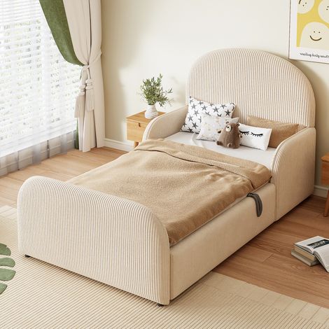 Lit Enfant 90x200cm - Rangement Hydraulique - Tissu Velours Doux - Tête et Pied Hauts - Barrières Latérales - Structure Métal et Bois - Capacité 120kg - Beige (1/5)