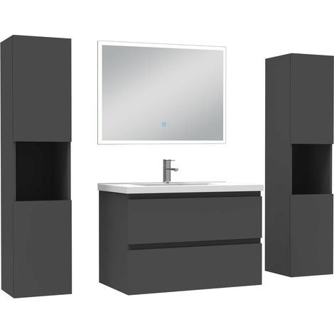 Ocean Ensemble meuble Salle de Bain 80cm avec colonne + miroir lumineux dimmable anthracite