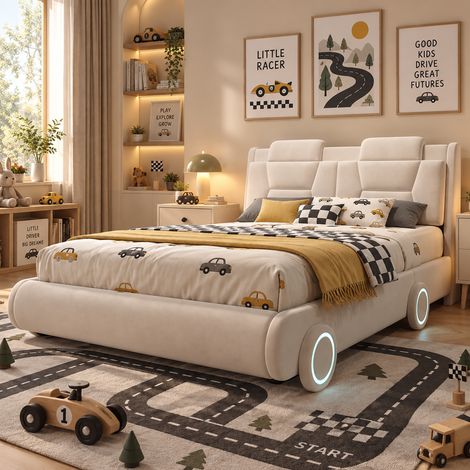 Lit Voiture Enfant 140x200 cm, Lit Tapissé avec Roues Lumineuses, Tête de Lit Réglable sur 2 Hauteurs, Dossier Épais, Flanelle - Beige (1/5)