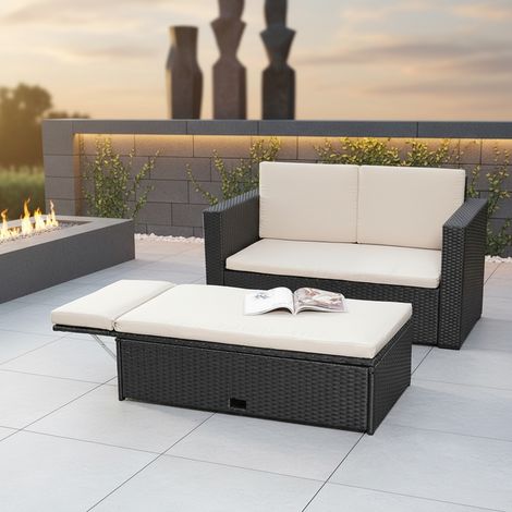 Sofá de jardín y reposapiés plegables de Poly Ratán Negro Sillón de salón Muebles de jardín sillón silla de ratán conjunto de jardín terraza