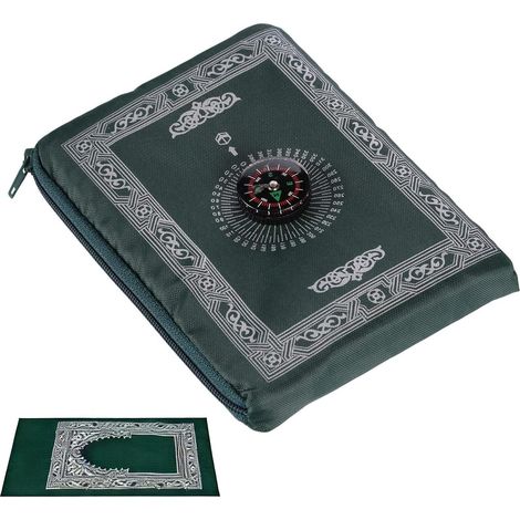 Alfombra de oración musulmana portátil con brújula - Tamaño de bolsillo, verde - Incluye bolsa de transporte - 60 x 100 cm (1/5)