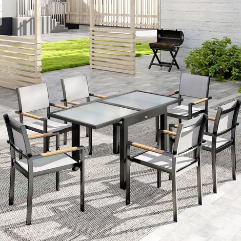 Table de jardin extensible 160x80x75cm, aluminium, verre trempé transparent