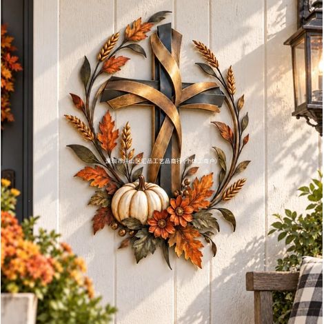Autumn Cross & PumpkinHarvest Metal Wall Decor Pumpkin Harvest Sign 16inch -
