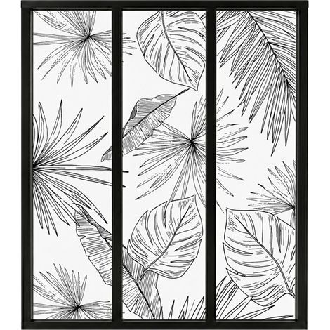 Verrière atelier intérieure aluminium noir 3 vitrages 102 x 117 cm - Décor végétal - Lamnar Noir - noir et transparent - Verre trempé (1/5)