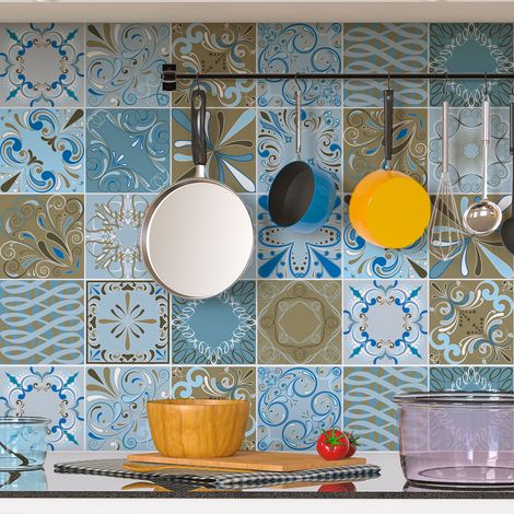 Sticker Mural Carrelage adhésif Cuisine Salle de Bain - 30 STICKERS CARREAUX DE CIMENT AZULEJOS MELBOURNE - 30stickers20x20cm (1/5)