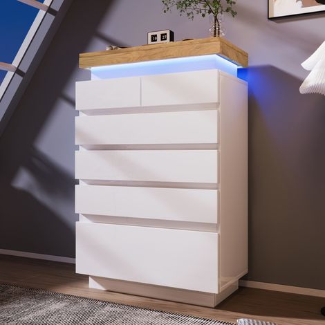 Commode, buffet laqué brillant à 6 tiroirs, éclairage LED (contrôlable via application), meuble multifonctionnel pour salon et chambre, 115 x 73 x 39 cm, blanc (1/5)