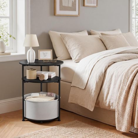 WOLTU Mesa de centro redonda con cesta de almacenamiento, mesa moderna para salón, negra y gris