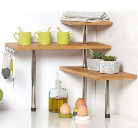 BAKAJI Mensola Scaffale Angolare per Cucina 3 Ripiani Legno Bambù Struttura in Acciaio Mobile Angolare Portaspezie Portaoggetti con Ganci (Naturale) (1/4)