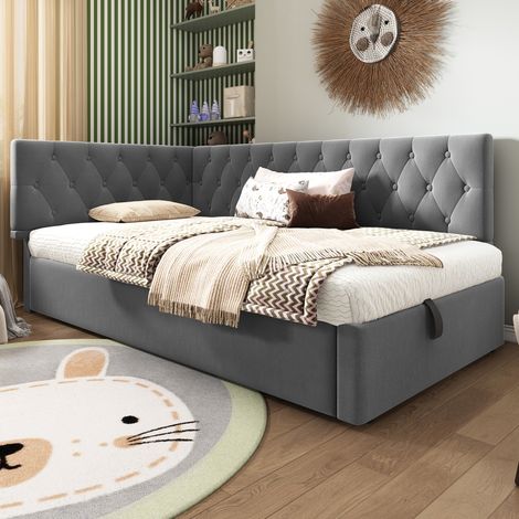 lit chambre rangement 90x200 velours gris modulable OKMYHOME (1/5)